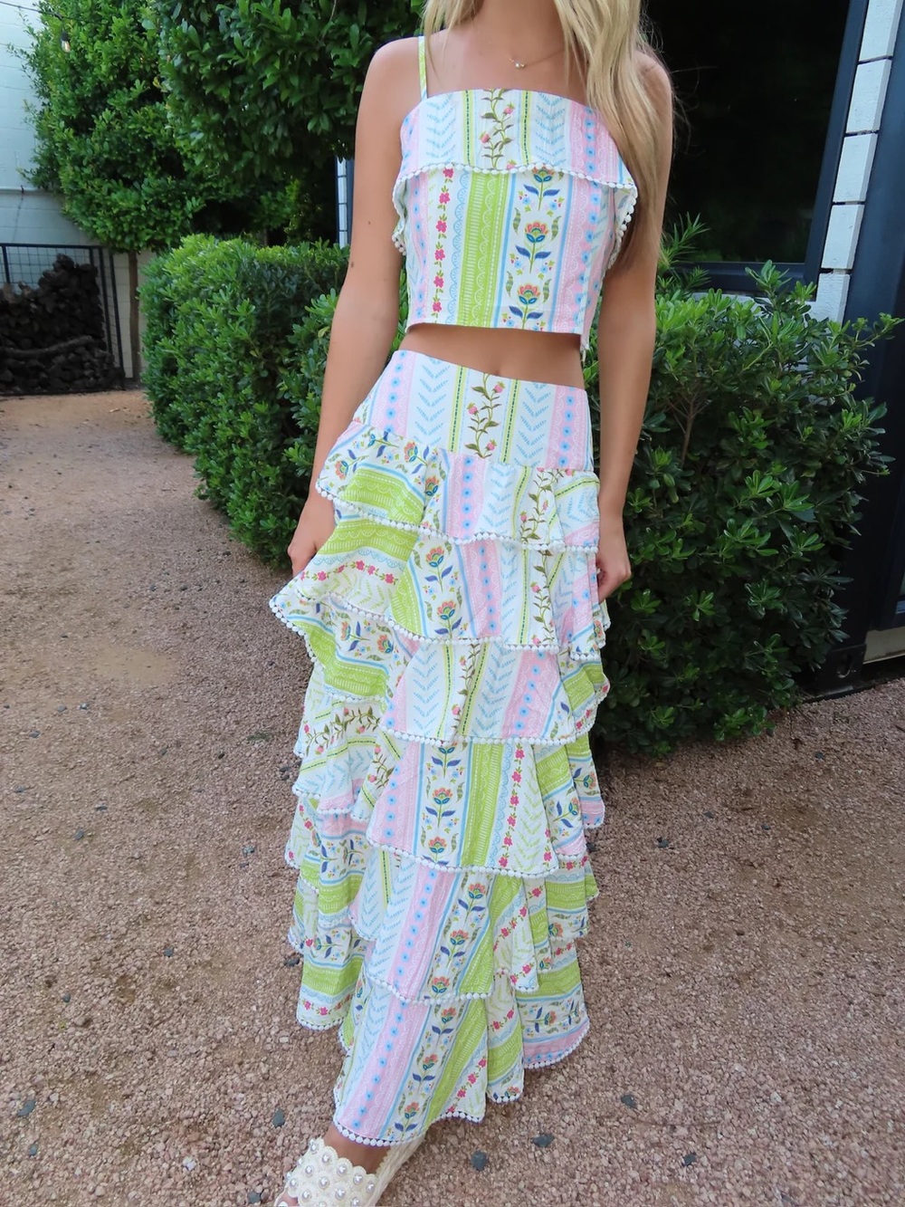 Tiered Ruffle Maxi Skirt in Pastel Floral Stripe - Picture 2 of 8